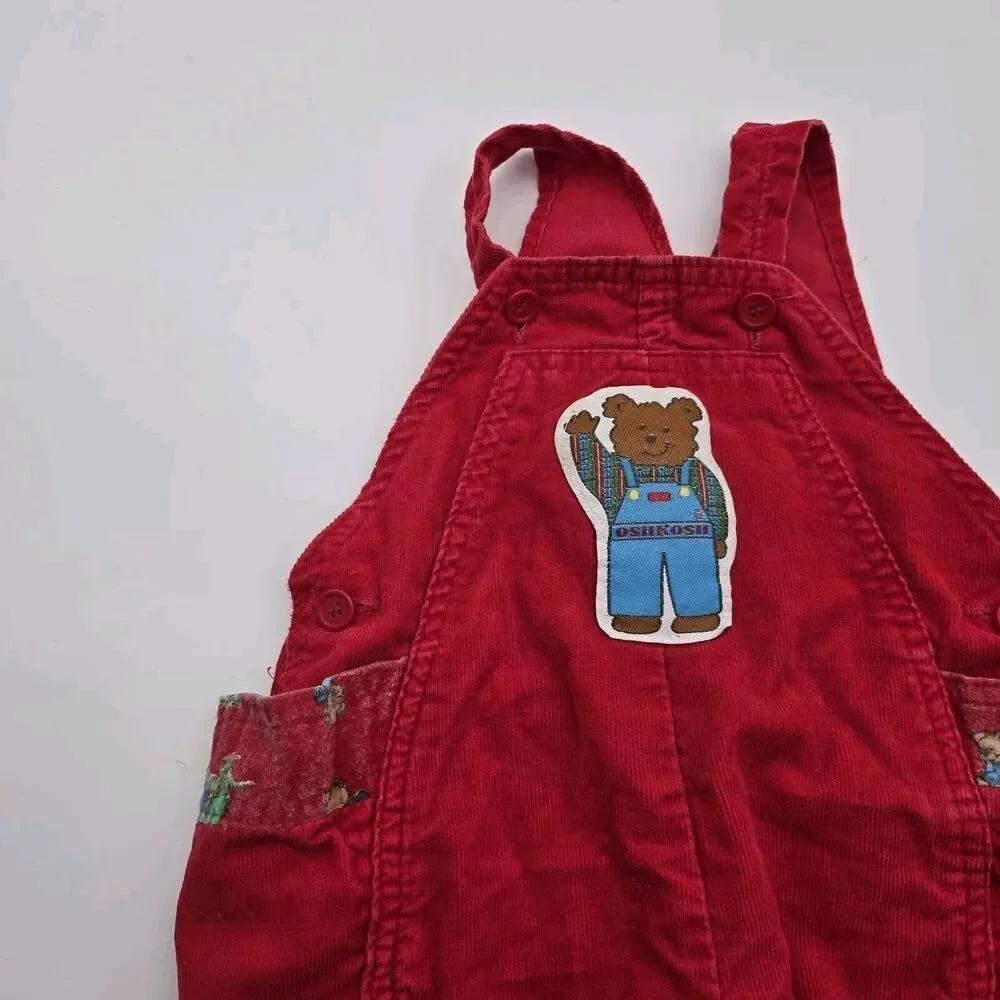 OshKosh Overalls Red Corduroy Baby 24 Months Bear Plaid Snap Button Vintage Rare